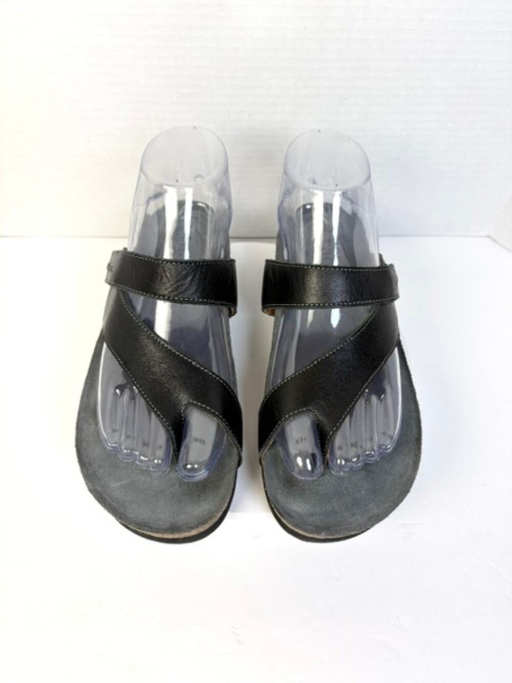 Taos Ringslide Black Leather Sandals Women Size 6 6.5 EU 37 Cork Footbed Comfort